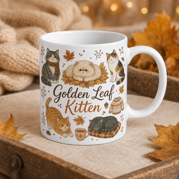 Cozy Autumn Mug Golden Leaf Kitten Ceramic Coffee Cup for Fall Mornings Cat Lovers