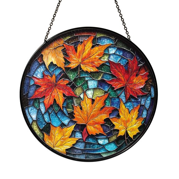 Cozy Autumn Rain Landscape Stained Glass Window Hanging, Decorative Seasonal Glass Style Suncatcher Accent