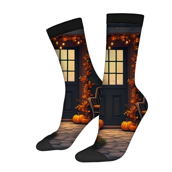 Cozy Autumn Scene Socks - 2 Pairs of Unisex Trendy Socks with Warm Leaves Pumpkins and a Welcoming Door Design
