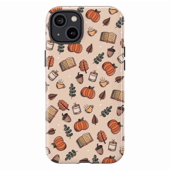 Cozy Autumn Vibes iPhone Case – Pumpkin, Books & Coffee Pattern, Fall Leaves & Candles, Protective Cover for iPhone 16 15 14 13 12 11 Mini Pro Max