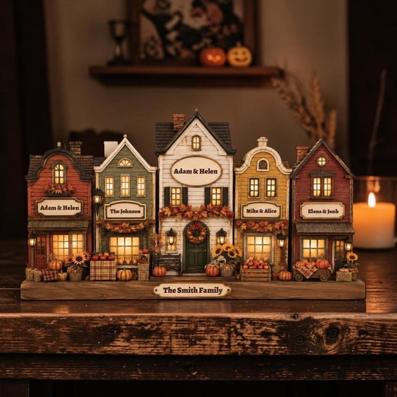 Cozy Autumn Village Scene Decor, Lighted Fall Home Decoration, Hand-Painted Wooden Block for Thanksgiving & Halloween