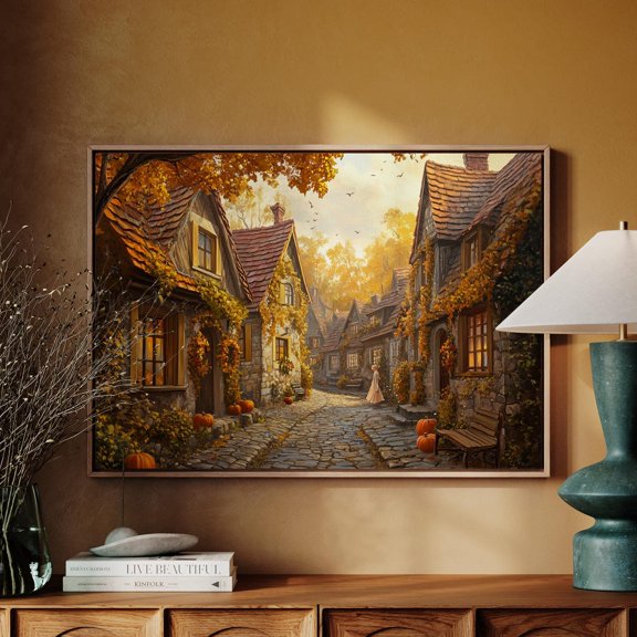 Cozy Autumn Village Scene – Rustic Cottagecore Wall Art Print With Pumpkins And Fall Foliage Wall Art, Modern Wall Decor, 8x12 UNFRAMED