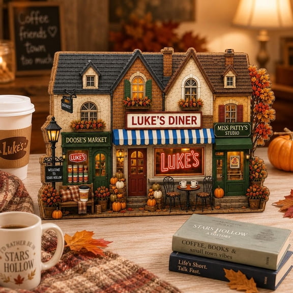 Cozy Autumn Village Wooden Block Home Decor, Rustic Bookshop Pumpkin Street Scene, Small Town Fall Decor, Cottagecore Home Gift