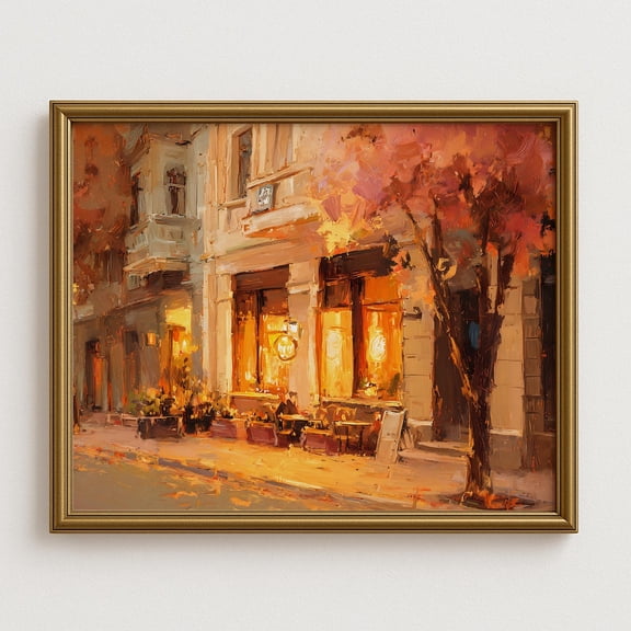 Cozy Autumn Wall Art, Rustic Café Street Scene With Fall Trees And Warm Lights, Vintage Seasonal Decor Home Decor #1095, Unframed Poster Size 8x12