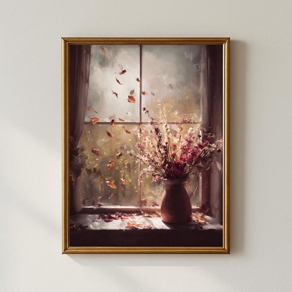 Cozy Autumn Wall Art, Rustic Window Scene With Falling Leaves And Vase Of Flowers, Farmhouse Fall Decor Home Decor UNFRAMED Poster, Wall Art for Decor, Present, 8x12