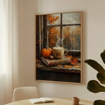 Cozy Autumn Window Scene Art - Pumpkin Spice Latte, Fall Leaves, And Rustic Charm For Seasonal Home Decor Wall Art, Modern Wall Decor, 8x12 UNFRAMED