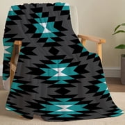 Cozy Aztec-Inspired Fleece Throw Blanket Soft Flannel with Modern Geometric Design in Black White Teal Perfect for Sofa & Bedroom Decor All-Season Comfort Gift Fleece Blanket