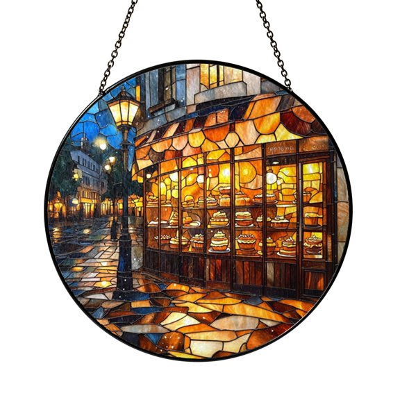 Cozy Bakery Stained Glass Suncatcher Window Hanging, Illuminated Shopfront with Pastries Round Glass Art Panel, Evening Street Scene Window Decor, Decorative Hanging Ornament for Home