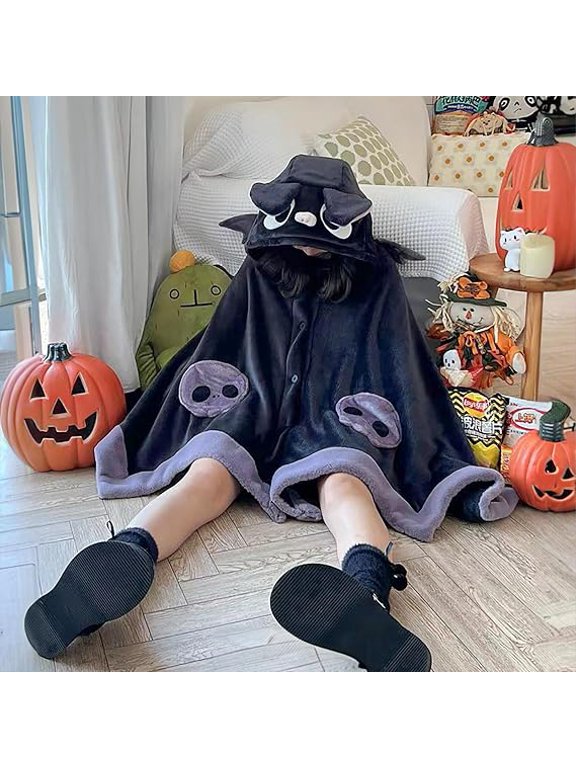 Cozy Bat Wing Wearable Throw Blanket, Coral Fleece Hooded Shawl Featuring Skull Accents, Multipurpose Blanket For Halloween Sofa Snuggling Camping Trip Holiday Present