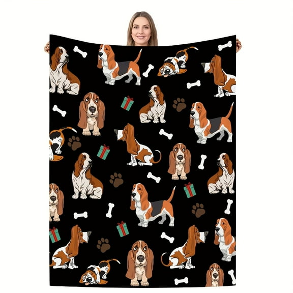 Cozy Beagle Print Flannel Blanket - Black Background with Cartoon Dogs, Gifts, Bones & Paw Prints, Machine Washable Polyester, Ideal for Pet Lovers