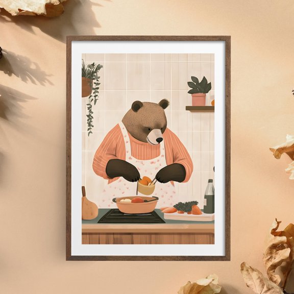 Cozy Bear Chef Cooking, Cute Bear Kitchen Art, Whimsical Animal, Adorable Bear Fun Animal Chef Poster Wall Art, Modern Wall Decor, 8x12 UNFRAMED