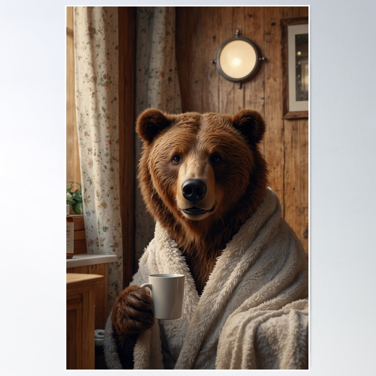 Cozy Bear Enjoying Morning Coffee Poster Wall Art, Modern Wall Decor