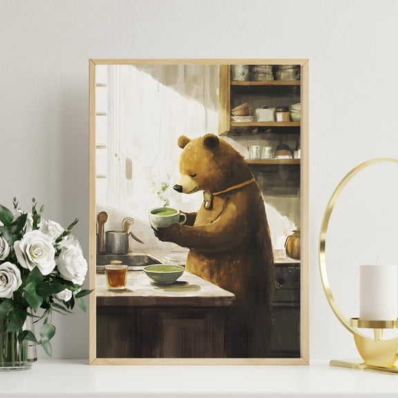 Cozy Bear Kitchen Art Print, Cute Bear Drink Tea Poster, Whimsical Animaladorable Bear Rustic Kitchen Decor Wall Art, Modern Wall Decor, 8x12 UNFRAMED