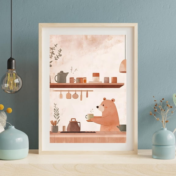 Cozy Bear Kitchen Art Print, Cute Bearrustic Kitchen Decor, Woodland Animal Art, Bear With Coffee Illustration Wall Art, Modern Wall Decor, 8x12 UNFRAMED