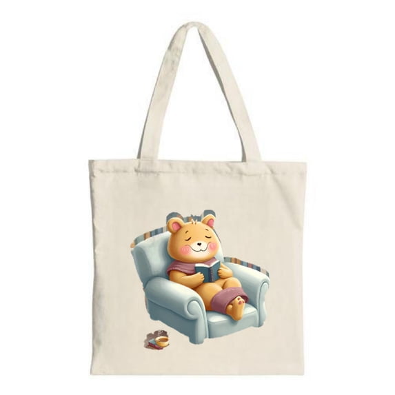 Cozy Bear Reading Tote Bag - Cute Canvas Bag with Bear in Armchair Perfect for Shopping Travel & Parties Eco-Friendly & Stylish