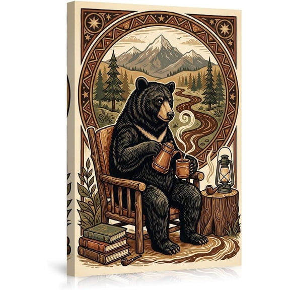 Cozy Bear Sitting in Wooden Chair Drinking Tea with Mountain Landscape Background Wall Art Canvas Prints,Rustic Forest Decor for Living Room Bedroom--