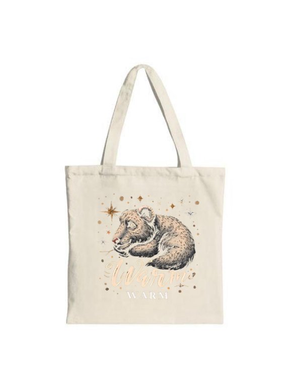 Cozy Bear Tote Bag - Cute Canvas Bag with Bear Stars & Birds Design Perfect for Shopping Travel & Parties - Warm WARM