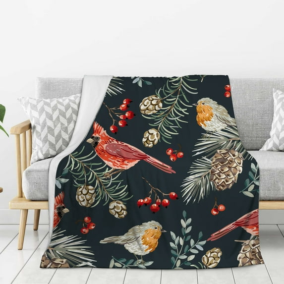 Cozy Bed Blanket Christmas Cardinal Robin Birds Red Berries Super Soft Throw Flannel Blanket Couch Sofa Bed for Kids Men Women 60"x50"