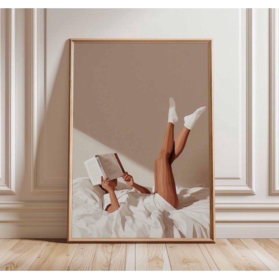 Cozy Bedroom Reading Minimalist Modern Relaxing Neutral Aesthetic Art, Unframed Paper Poster 8x10in