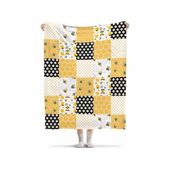 Cozy Bee Flannel Blanket - Double-Sided Honeycomb Pattern with Cartoon Bees & Polka Dots, Soft Yellow & Black, All-Season Throw for Sofa Bed Camping, Gift for Women Men Family