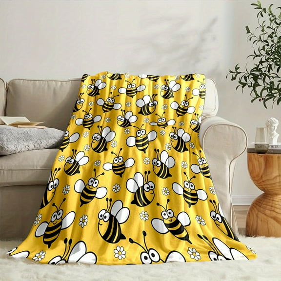 Cozy Bee-Themed Flannel Throw Blanket - Soft, Reversible, All-Season Comfort for Bed, Sofa, Camping & Travel - Machine Washable