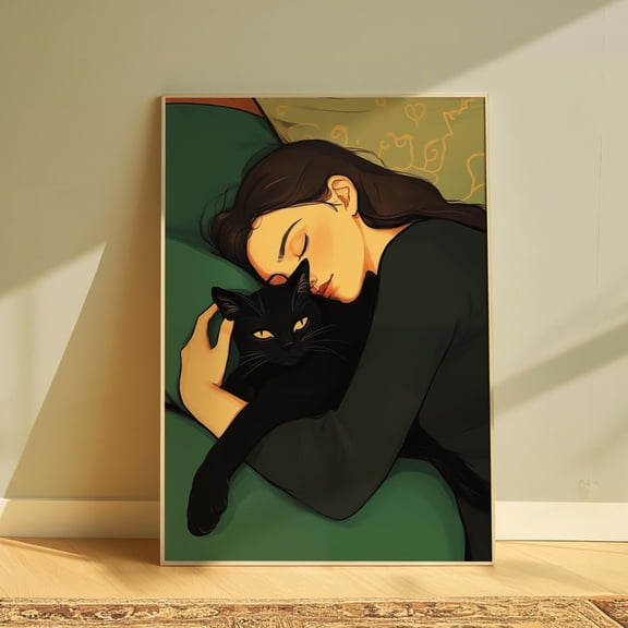 Cozy Black Cat Emerald Green Wall Art, Unframed Paper Print Size 8x12