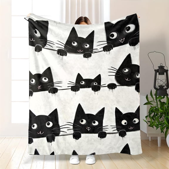 Cozy Black Cat Print Flannel Blanket - Soft Lightweight Bedspread Suitable for Bed, Couch, Office & Outdoor - All-Season Comforter with Kitten Design, Perfect Gift for &, Contemporary Bedding