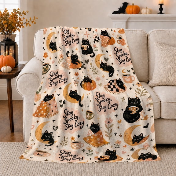 Cozy Black Cats With Moons Pumpkins And Cups, Cozy Flannel Blanket with Cozy Autumn Illustration Print, Housewarming Gift for Cozy Cat Decor Enthusiasts, Home Decor for Bedroom and Living Room