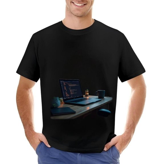 Cozy Black Cotton Short Sleeve T-Shirt for Men - Subtle Wooden Desk & Laptop Code Design Perfect for Tech Lovers