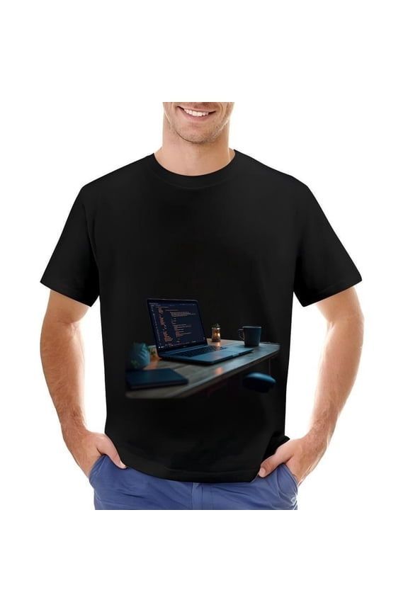 Cozy Black Cotton Short Sleeve T-Shirt for Men - Subtle Wooden Desk & Laptop Code Design Perfect for Tech Lovers
