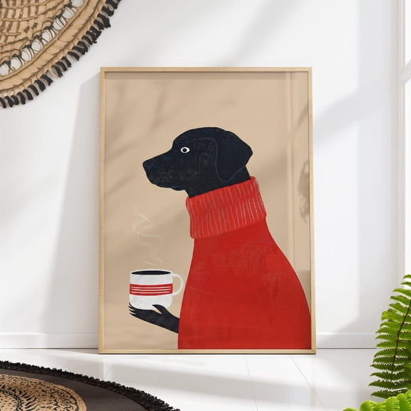 Cozy Black Lab Coffee Art Minimal Labrador Illustration Kitchen Decor Unframed Paper Print