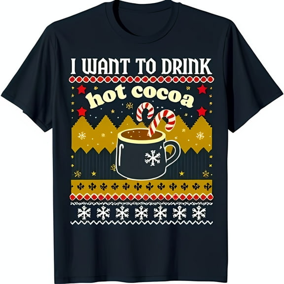 Cozy Black T-Shirt with Festive Hot Cocoa Graphic