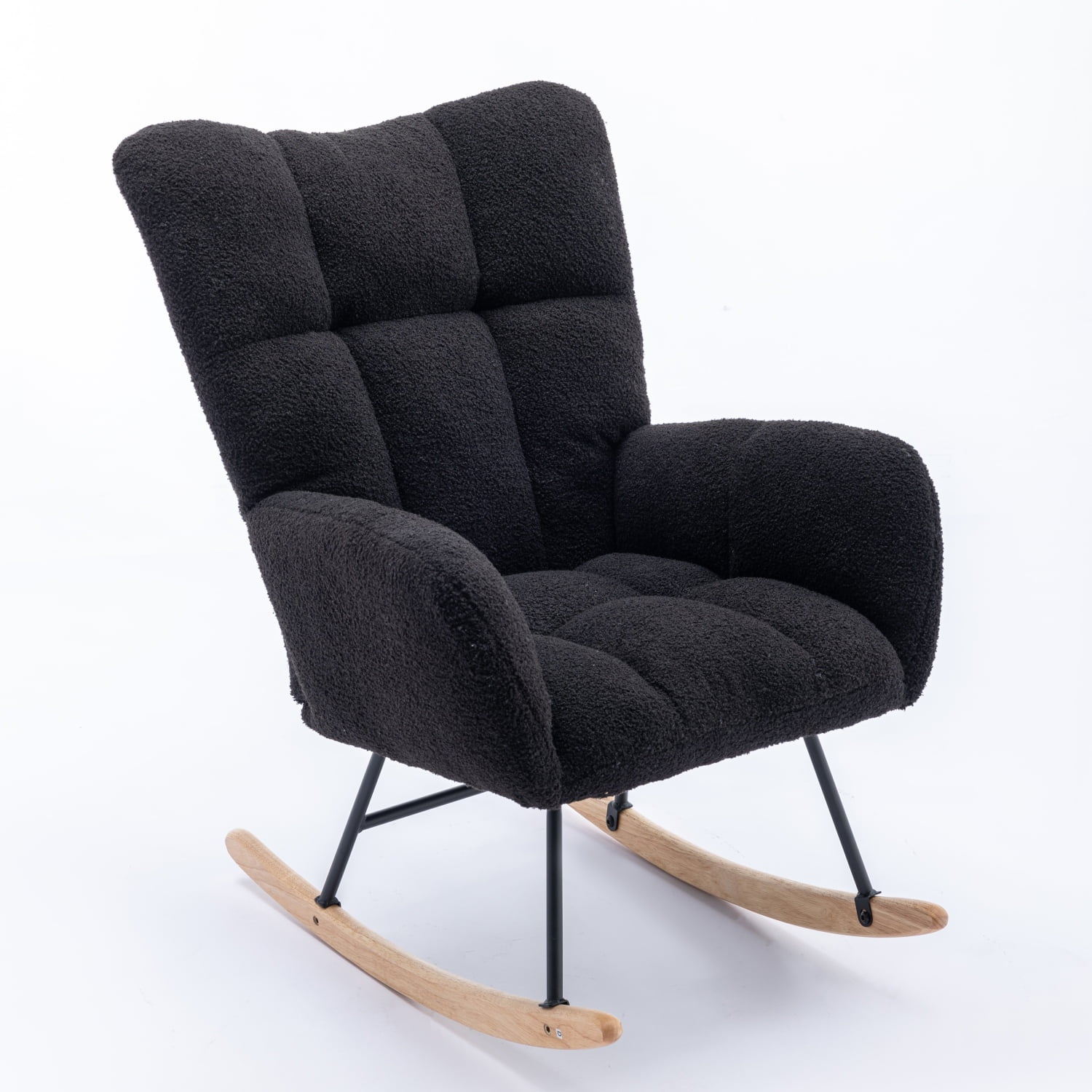 Cozy Black Teddy Velvet Rocking Chair for Nursery Ergonomic Wingback