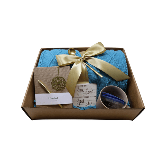 Cozy Blanket & Tea Gift Set Box with Teal and Brown Theme