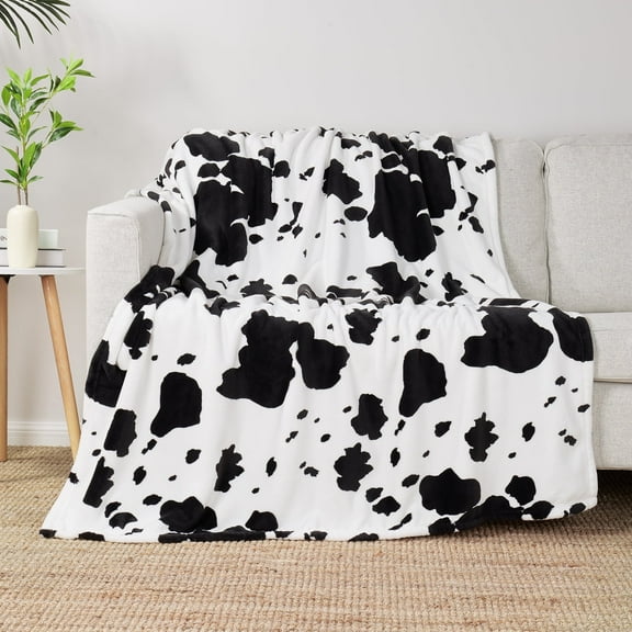 Cozy Bliss Cow Print Throw Blanket Plush Bed Blanket, Black, 60"*80"