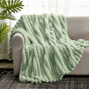 Cozy Bliss Faux Fur Plush Throw Blanket, Reversible Double-Layer Wide-Stripe Decorative Blanket for Couch, Sofa and Bedroom,Sage Green,50"x60"