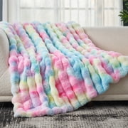 Cozy Bliss Faux Fur Throw Blanket, Double-Sided Plush Bubble Texture, Ultra Soft Fluffy Blanket for Couch, Sofa and Bed, Tie-Dye Rainbow, 50 x 60 Inches