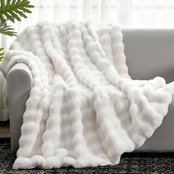 Cozy Bliss Faux Fur Throw Blanket, Double-Sided Plush Bubble Texture, Ultra Soft Fluffy Blanket for Couch, Sofa and Bed, Cream White, 50 x 60 Inches