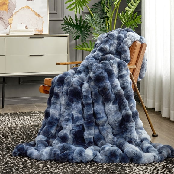 Cozy Bliss Faux Fur Throw Blanket, Double-Sided Plush Bubble Texture, Ultra Soft Fluffy Blanket for Couch, Sofa and Bed, Tie-Dye Blue, 60 x 80 Inches