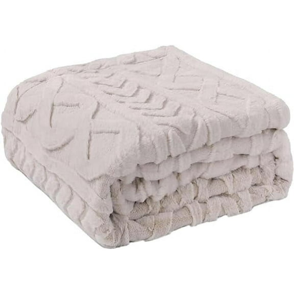 Cozy Bliss Luxury Faux Fur Blanket for Couch, Jacquard 3D Cable Knit Throw Blanket Size 50"x60" Beige, Extra Soft Fluffy Warm Blanket for Sofa Bed Living Room Bedroom Car