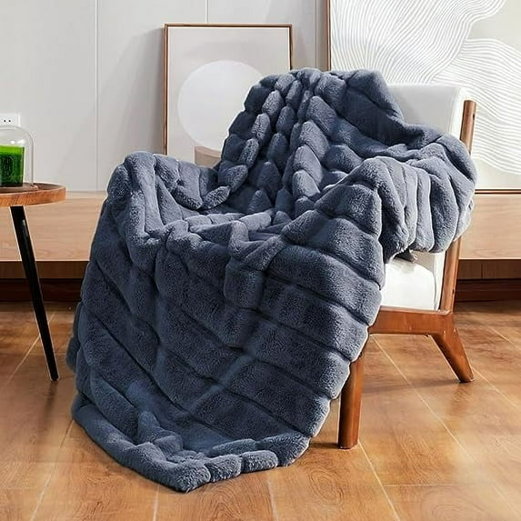 Cozy Bliss Luxury Soft Faux Fur Throw Blanket for Couch Living Room Bedroom, 50 * 60 Inches Blue