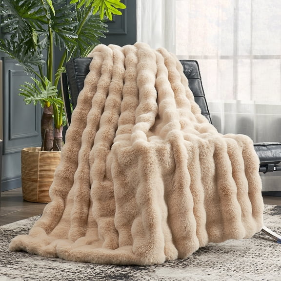 Cozy Bliss Reversible Faux Rabbit Fur Throw Blanket, Plush Bubble Texture for Couch and Bed, Beige, 50 x 60 in