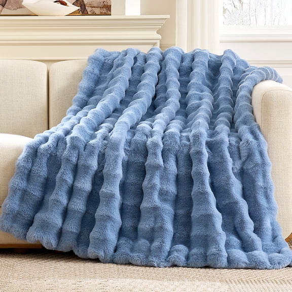 Cozy Bliss Reversible Faux Rabbit Fur Throw Blanket, Plush Bubble Texture for Couch and Bed, Misty Blue, 50 x 60 in