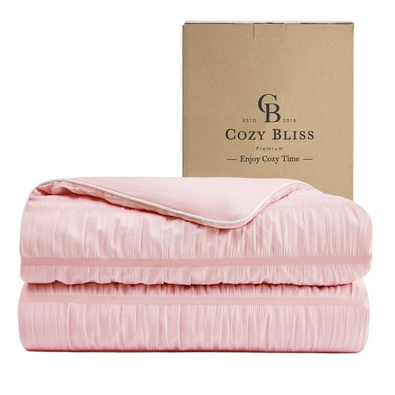 Cozy Bliss Seersucker Cooling Comforter Lightweight 90*90 Blanket Summer Quilt for Hot Sleepers,Pink