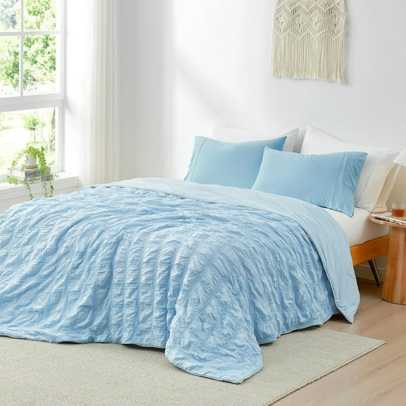 Cozy Bliss Seersucker Cooling Comforter, Reversible Cooling Blanket Summer Quilt for Hot Sleepers, 68"*90", Blue