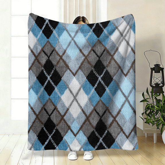 A Cozy Blue-Gray Diamond Check Patterned Flannel Blanket with Soft High-Definition Digital Printing, Perfect for keep warm. Suitable for Year-Round Use!
