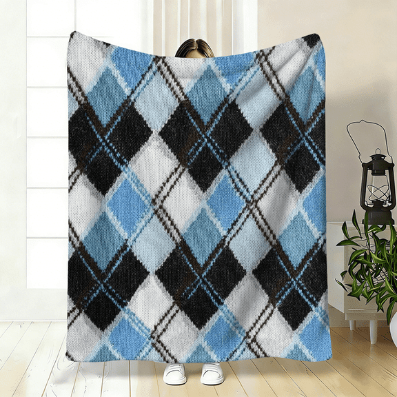 A Cozy Blue-Gray Diamond Check Patterned Flannel Blanket with Soft High-Definition Digital Printing, Perfect for keep warm. Suitable for Year-Round Use!