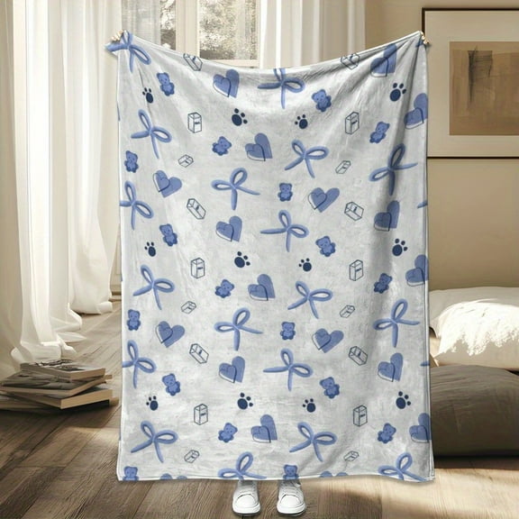 Cozy Blue and White Whimsical Dream Throw Blanket - Soft Flannel, Digital Print with Cute Elements like Hearts, Bows, and Rainbows, Light Gray Background