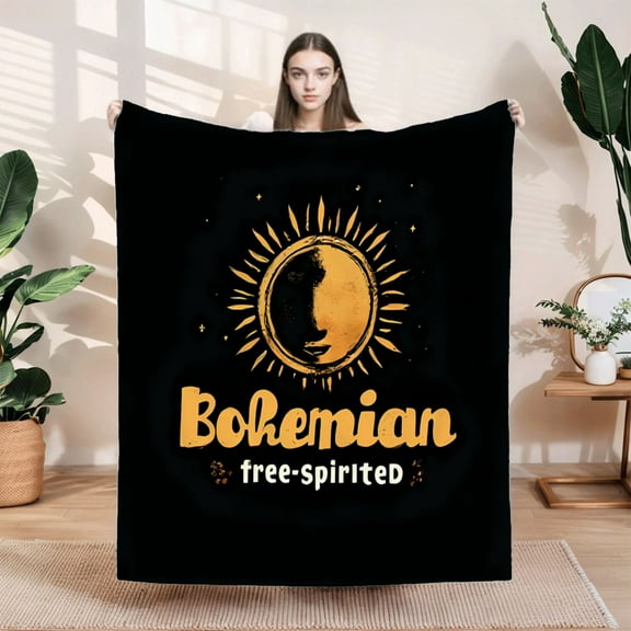 Cozy Bohemian Flannel Blanket - Soft Warm and Durable with Celestial Sun and Star Design for Sofa Travel Bed and Chair