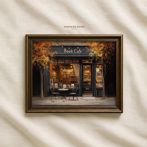 Cozy Book Cafe Autumn Street Scene Vintage Library Coffee Shop Wall Art Print UNFRAMED 24x36